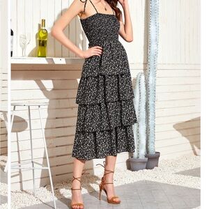 Green Floral Print Tiered Layered Smocked Shirred Cami Midi Dress